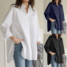 Women Tops Fashion Spirng Autumn Base Oversize Solid Pocket Loose Casual Button Long Sleeve White Shirt Pure Color Shirt c50 210410