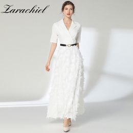 Spring Summer Patchwork Tassels Feather Maxi Women's Short Sleeve Notched Collar Blazar Party Long Dress With Belt 210416