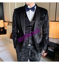 High Quality One Button Black Pattern Groom Tuxedos Shawl Lapel Wedding/Prom/Dinner Groomsmen Men Suits Blazer (Jacket+Pants+Vest+Tie) W1357