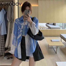 Korobov Summer New Women Blouses Korean Long Sleeve Blue Print Blusas Mujer Turn-Down Collar Harajuku Shirts Female 210430