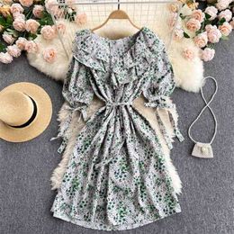 Fashion Short-sleeved Women's Summer Round Neck Slim Sweet Ruffled Holiday Floral Print Mini A-line Dress Vestidos S481 210527