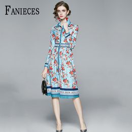 est Runway Designer Summer Autumn A-Line Dress Woman Long Sleeve Single-breasted Blue Printed Midi Shirt Dresses robe 210520