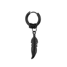 Fashion Feather Pendant Hoop Earrings For Men Punk Rock Style High Quality Stainless Steel Ear Jewellery