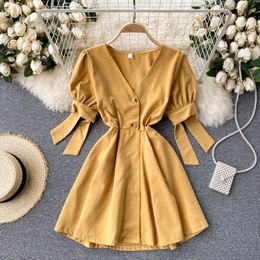 Summer Women Vintage V-neck Single Breasted Bow Mini Dress Causal Female Puff Sleeve High Waist Slim Solid 210423