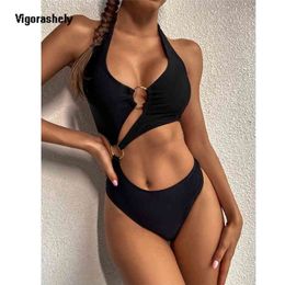 Vigorashely Sexy Hollow Swimsuit Bandage Push Up Swimwear Women Halter Bathing Suit High Waist Monokini Swim Wear 210630