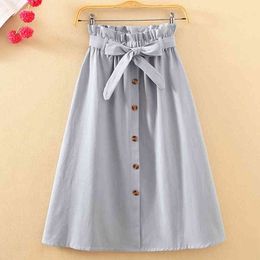 Lucyever Autumn Bow Sashes Skirts Womens Midi A-Line Korean Buttons High Waist Knee Length Skirt Woman Pleated Blue Skirt Female 210521