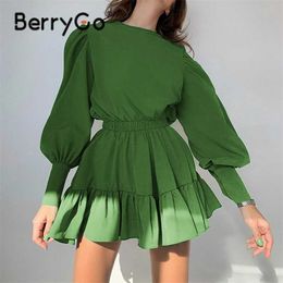 BerryGo College style lantern sleeves ruffled women dress green Elegant A-line elastic waist mini dress Female solid vestidos 211206