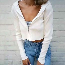 Women Stretchy Knit Zip Up Hoodie Crop Hooded Cardigans Casual Cropped Sweaters 210512