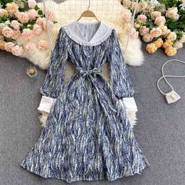 Women Fashion Retro Baby Collar Long Sleeve Lace Up Waist Slim Print A-line Dress Elegant Vestidos De Mujer R546 210527
