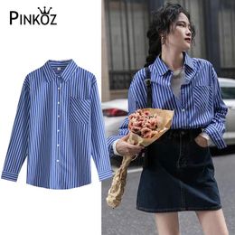 casual daily wear long sleeve pocke striped blue loose shirt women blouse tops spring summer ropa de mujer fashion chic 210421