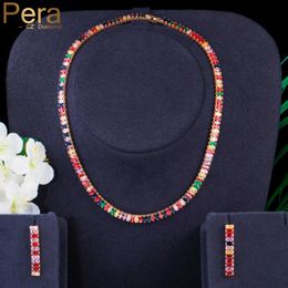 Pera Gorgeous Colorful African CZ Gold Color Baguette Shape Chocker Necklace Earrings Costume Party Jewelry Sets for Ladies J425 H1022