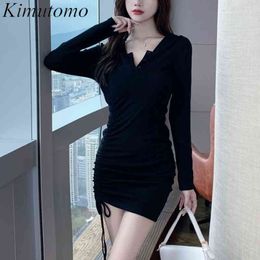 Kimutomo Elegant Spring Mini Dresses Women Korean Chic V-neck Long Sleeve Slim Waist Black Hooded Vestido De Mujer 210521