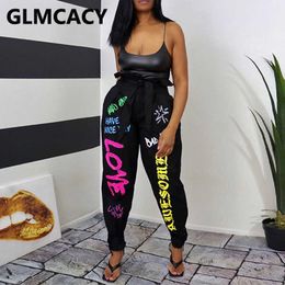Women High Waist Letter Printed Casual Jogger Pants 210702
