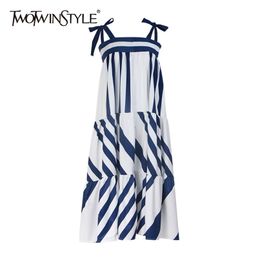 Striped Dress For Women Off Shoulder Sleeveless Bowknot Lace Up Oversize Dresses Female Fashion Summer 210520