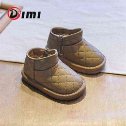 DIMI Children Boots Winter Kids Cotton Shoes Fashion Chequered Genuine Leather Warm Plush Boys Girls Snow Boots 211108
