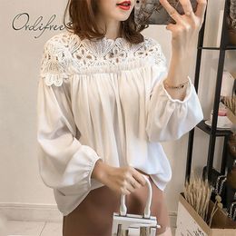 Spring Women White Chiffon Long Sleeve Hollow Out Lace Crochet Embroidery Blouse Shirt Tops Plus Size 3XL 210415