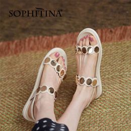 SOPHITINA Genuine Leather Summer Women Shoes Sandals Basic Flat Leisure Stylish Metal Decoration Casual Round Toe Soft FO370 210513