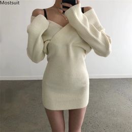 Spring Autumn Women Sexy Knitted Dress Korean Long Sleeve V-neck Off Shoulder Wrap Bodycon Sweater Dresses Vestidos 210513