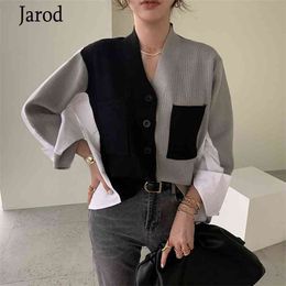 Female white patchwork Women Sweater Cardigan Autumn Fashion Loose V Neck Button Long Sleeve Knitted coat 210519