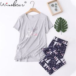 Sweet Printed Pajama Sets for Women Summer Cotton Sleepwear Plus Size Girls Short Sleeve Lovely Cartoon Print 2 Pcs Set T06301B 210421