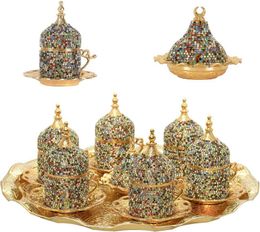 Handmade authentic Design Turkish Greek Arabic Coffee Espresso Set for 6 Service, Cups Saucers Lids Tray Delight Candy Dish GIFT