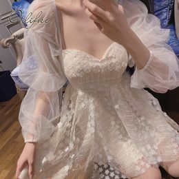 Summer Women White Mesh Long Sleeve See Through Sexy Shiny Short Tulle Club Mini Party Dress 210415