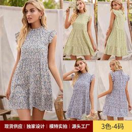 High Waist Pullover Women Summer Dress Ladies Fresh And Sweet Little Daisy Floral Print Fungus Flying Sleeve Female 210517