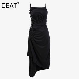 Design Pleated Side Button Slit Asymmetric Hem Solid Colour Personalised Suspender Dress For Women Summer GX1241 210421