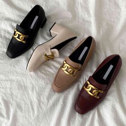 Dress Shoes High Heels Women's New Leather British Horse Buckle Loafers Square Toe Slip-on Chunky Heel Pumps