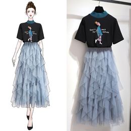 Summer Half Turtleneck Appliques Cartoon Character Letter Print T-shirt And Long Ball Gown Tulle Skirt 2 Piece Sets 210515