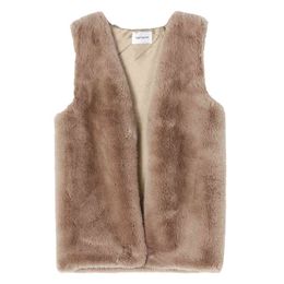 Women Faux Fur Vest Coat Sleeveless Khaki Beige Jacket Winter C0327 210514