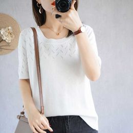 Pure cotton T-shirt women 2021 summer new women's casual solid Colour knit sweater round neck slim pullover large size hollow top X0628