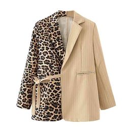 Streetwear Women Brown Striped Leopard Jacket Fashion Ladies Sashes Blazers Vintage Female Chic Notched Collar Coats 210427