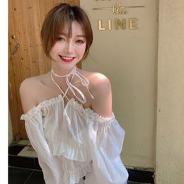 Blouse Chic Fashion Temperament Sweet White Puff Long Sleeve Lace Up Sunscreen Chiffon Shirt Sexy Halter Top Women Clothing 210429