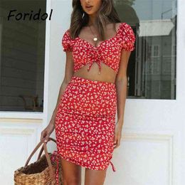 Women Fashion Red Cropped Dress Suits Floral Print Bodycon Mini 2 Pieces Sets Summer Beach Boho Vestidos 210427