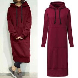 2021 Autumn Solid Sweatshirt Dress ZANZEA Winter Hooded Pullover Women Long Sleeve Split Fleece Party Long Vestido G1214