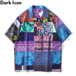Patchwork Vintage Street Shirts for Men Turn-down Collar Summer Hawaiian Shirt Polo Shirts for Man 210603