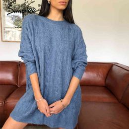 Causal blue autumn winter women knitted Elegant o-neck long sleeves straight Fashion basic sweater dress 210414