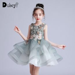 4-12 Years Flower Girl Double Layers Fluffy Princess Dress Elegant Wedding Birthday Party Summer Sundress 210529