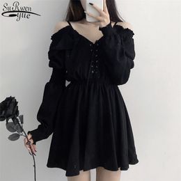 V-Neck Black Summer Sexy Short Party Dress Off Shoulder Long Sleeve Dress Women Plus Size Ladies Dresses Vestidos 13434 210518