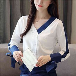 Long sleeve white Blouses Shirt Women's Bow V-neck Patchwork Chiffon Office Fashion Fall Autumn Clothing 930H 210420