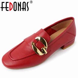 Dress Shoes FEDONAS Comfortable Casual Low Heels Women Pumps Concise Fashion Metal High Quality Genuine Leather Spring Summer Woman 220303