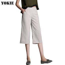 Linen cotton wide leg pants loose solid high waist Plus size S-4XL white black Grey casual calf length pants female summer 210519