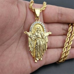 Iced Out Jesus Crucifix Necklace & Pendant With Stainless Steel Chain Gold Colour Bling Cubic Zircon Men's Hip hop Jewellery Gi