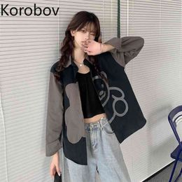 Korobov Harajuku Ulzzang Cartoon Women Blouses Korean Long Sleeve Print Turn-Down Collar Blusas Mujer Streetwear Blouses 210430