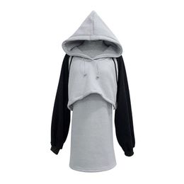 Women Hoodies Fleece Mini Short Dress Set Gray Blue Brown Long Sleeve Sport Hooded 2 Two Pieces T0074 210514