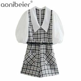 Casual Woman Plaid Tweed Playsuits Spring Summer Slim Puff Sleeve High Waist Rompers Elegant Zipper Short Jumpsuit 210604