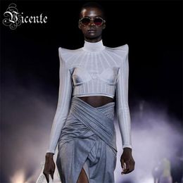 VC All Chic Gorgeous Jacquard Striped Splicing Design Long Sleeves Celebrity Party Club Bandage Crop Tops 210401