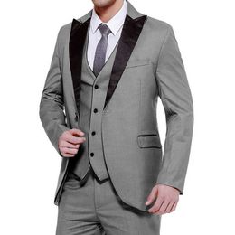 3 piece Slim fit Business Men Suits for Wedding with Black Peaked Lapel Grey Groom Tuxedo Man Fashion Jacket Vest Pants 2020 X0909