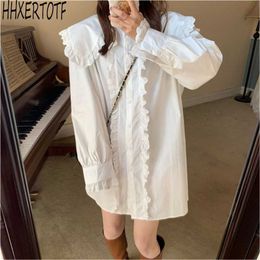 spring Elegant casual Women Long Sleeve Ruffles Casual Button Up Blouse Female Modest dress Plus Size 210531
